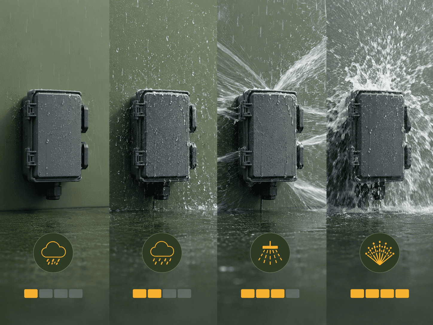 Guide showing how IP ratings describe protection from splashes up to heavy jets of water
