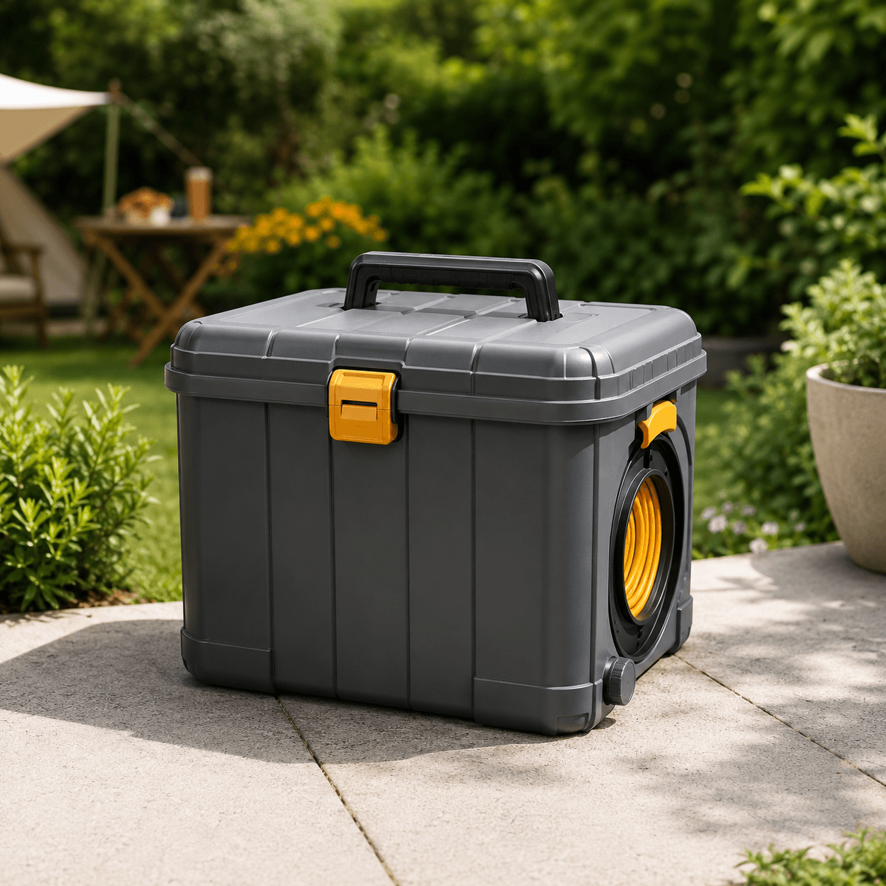 Cable Reel Weatherproof Case — Sealed case that keeps a cable reel dry between uses.