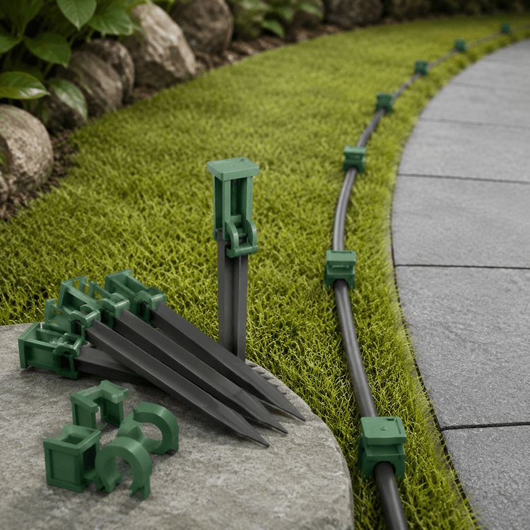 Ground Stake Cable Clip Set — Push-in stakes that pin a surface cable neatly along an edge.