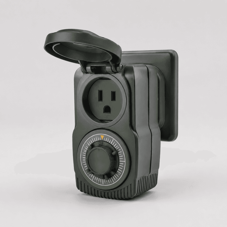 Weatherproof Timer Plug — Splash-protected timer that plugs in to switch garden lights or a pump.